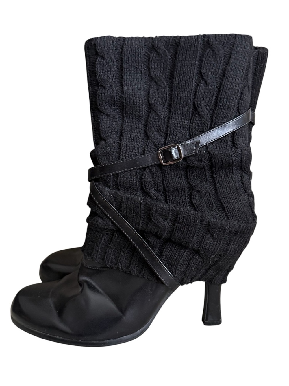 Y2K Spring Black Faux Leather Sweater Knit Shaft Stiletto Heel Boots Size 38